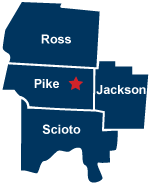A regional map showing four Ohio counties: Ross to the north, Pike in the center, Scioto to the south, and Jackson to the east. A red star marks a location within Pike County.
